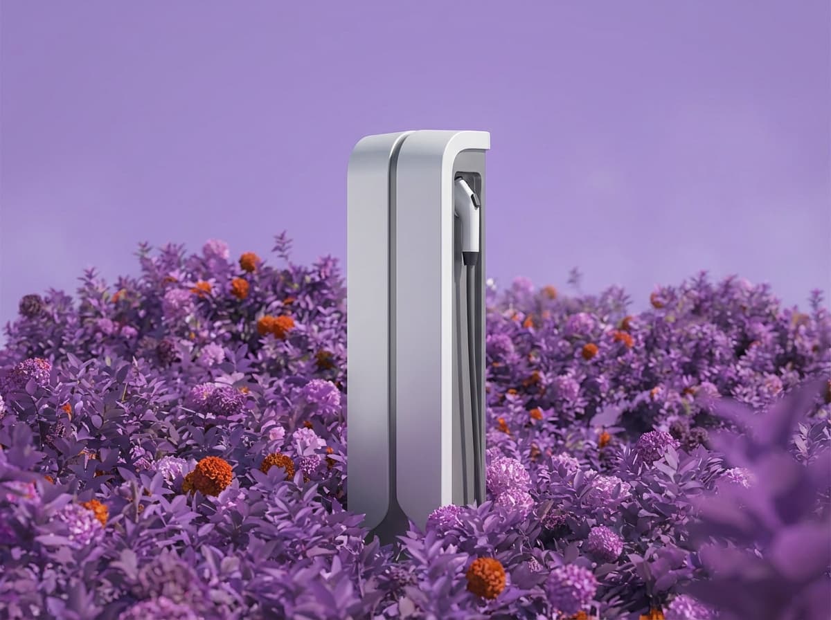 A MAXERO charging column standing in a field of flowering shrubs