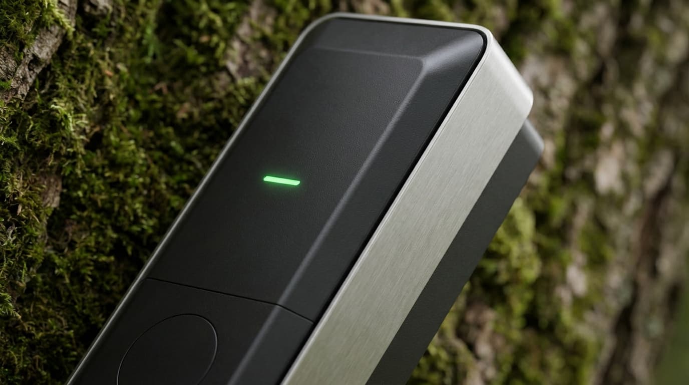 MAXERO charger mounted against a moss-covered tree trunk