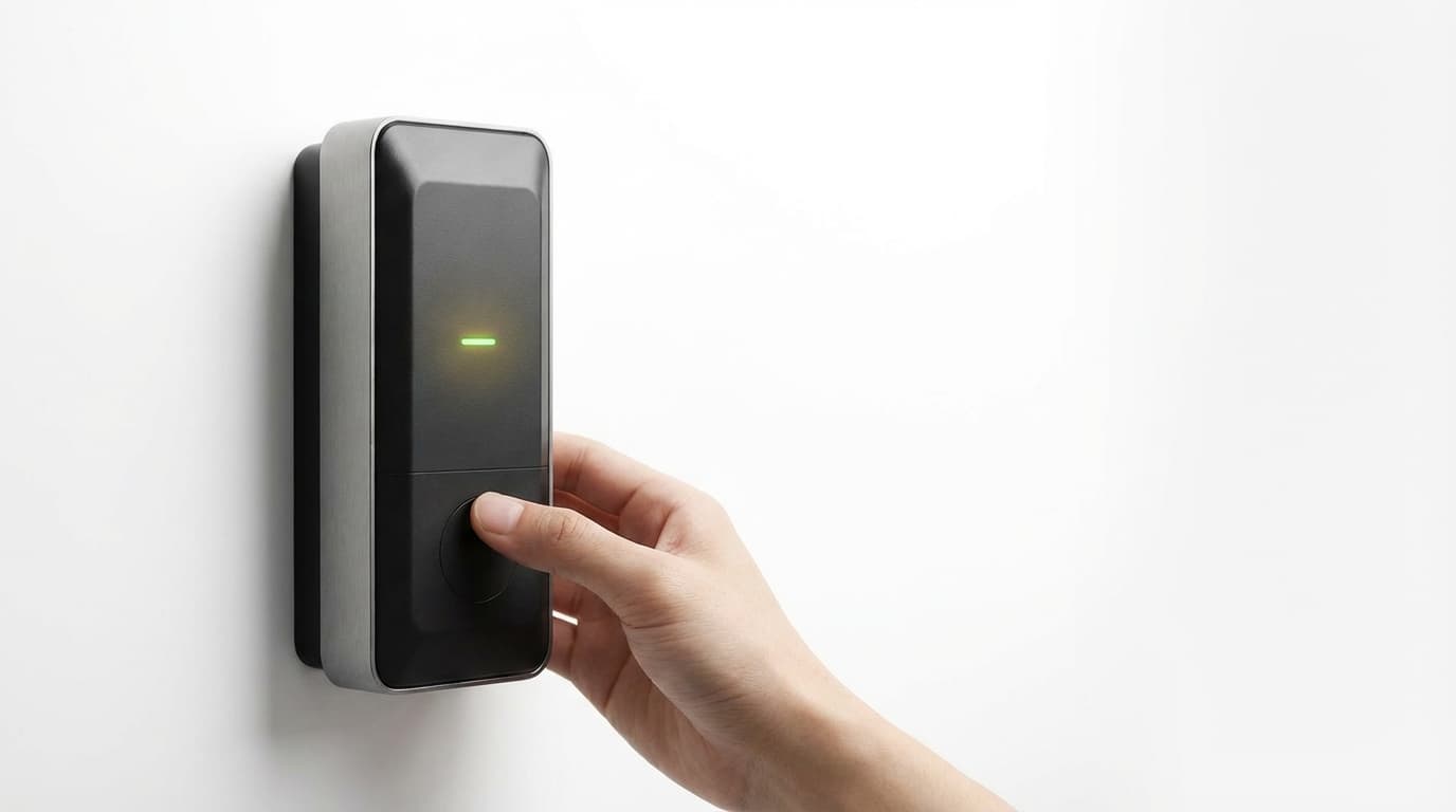 Hand pressing the control on a wall-mounted MAXERO charger
